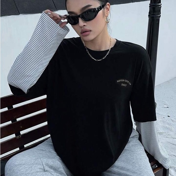 NEW SHEIN Dazy Plus Color Block Letter Print Loose Round Neck Plus Size T-Shirt - Picture 2 of 8